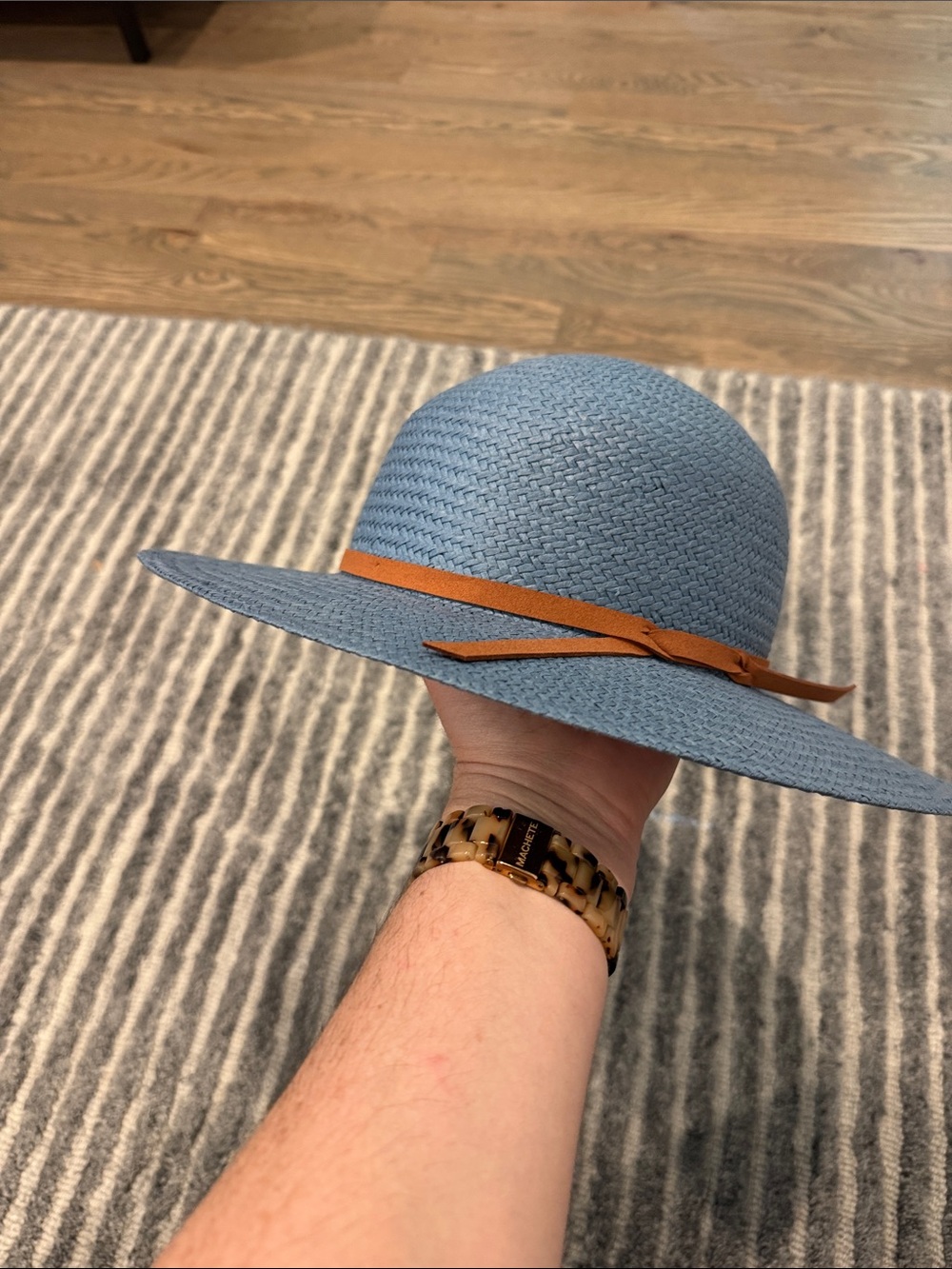 Classic Light Blue Straw Sun Hat with Tan Ribbon